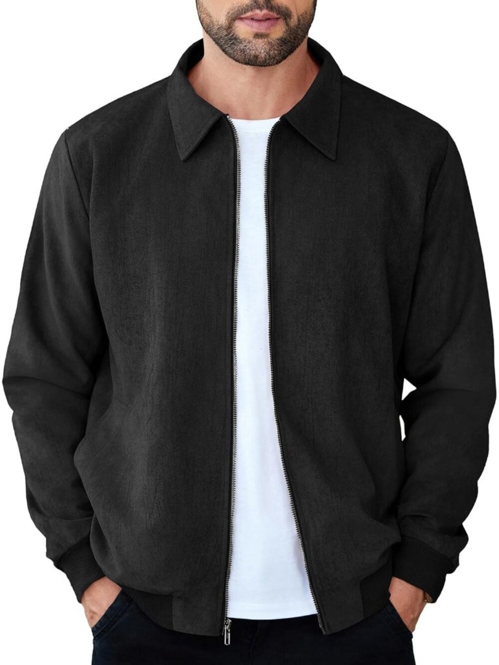 Men's Black Faux Suede Full Zip Lightweight Casual Imported Bomber Jacket